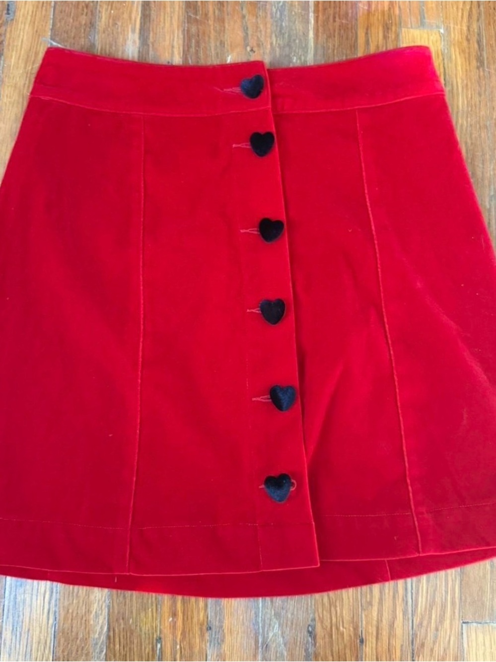Lazy Oaf Red Velvet Mini Skirt with Black Heart Buttons